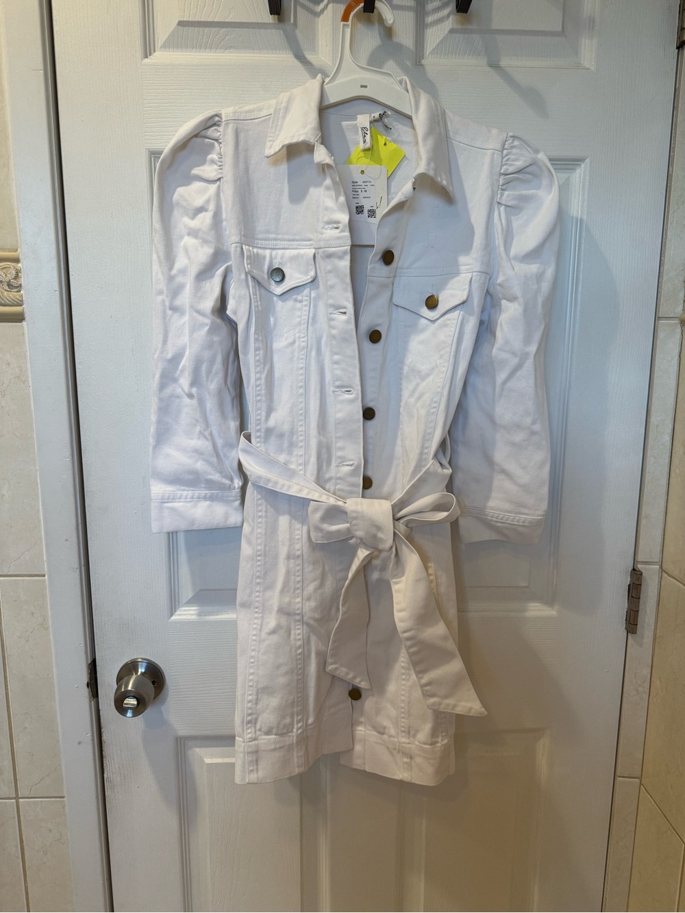 Elan White Belted Denim Jacket Dress with Puff Sleeves